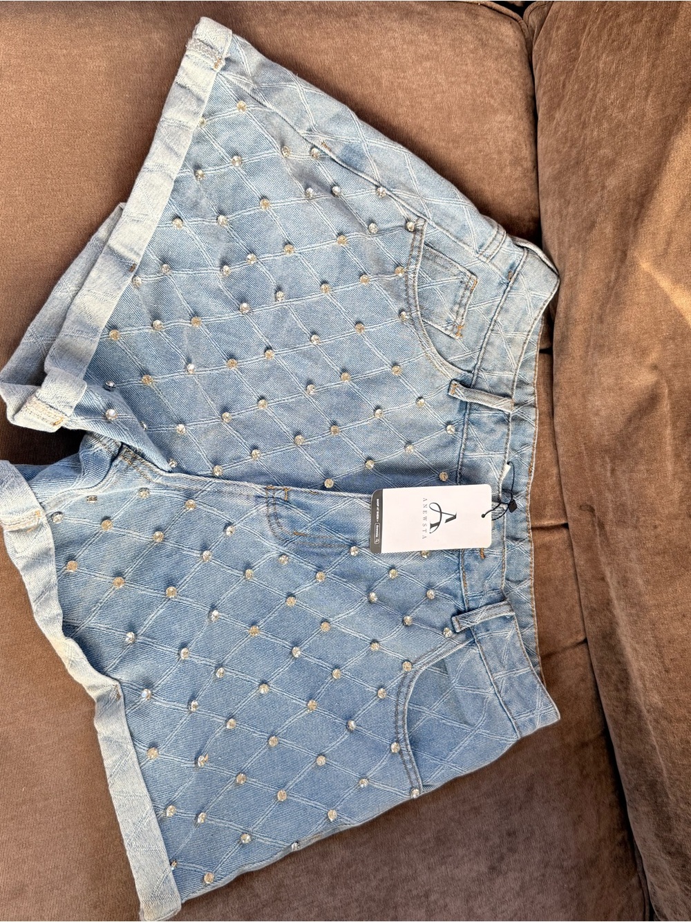 Embellished Light Blue Denim Shorts - Unknown Brand